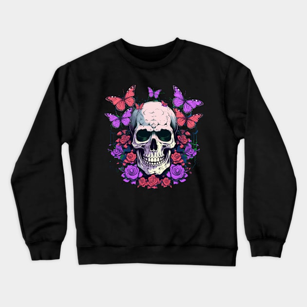 Psychedelic Neon Skull with Roses and Butterflies Crewneck Sweatshirt by TOKEBI